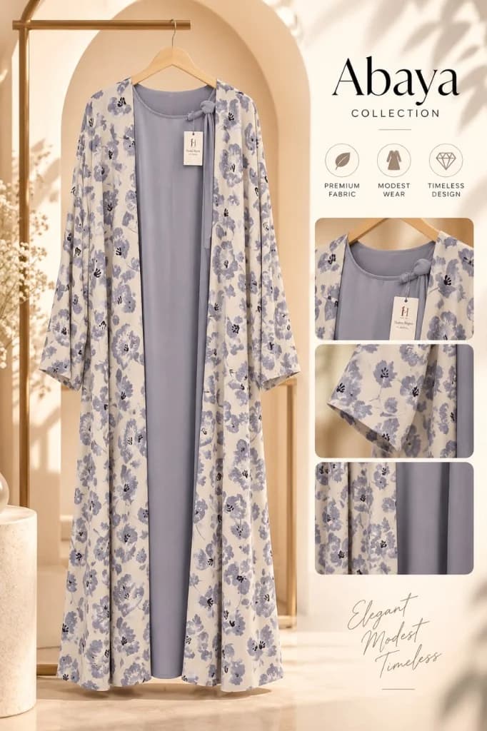 2-Piece Periwinkle Floral Kimono & Slip Dress Abaya Set Front View