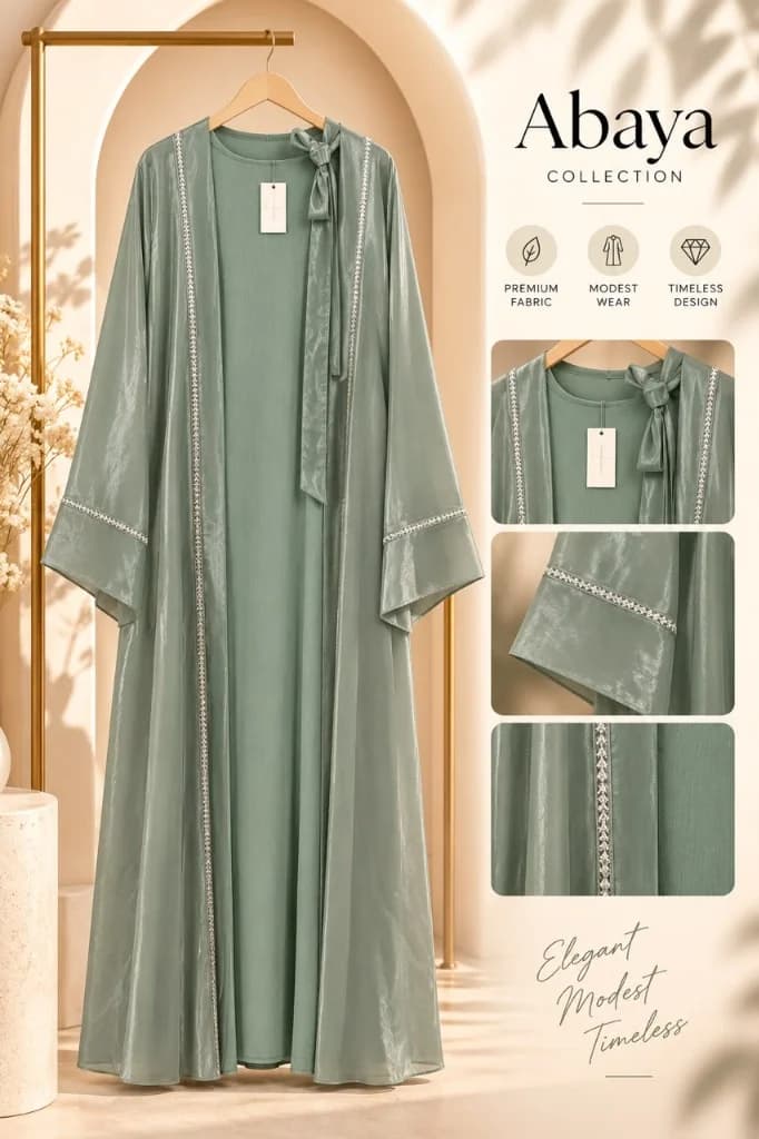 2-Piece Shimmer Sage Green Organza & Crepe Abaya Set - View 1