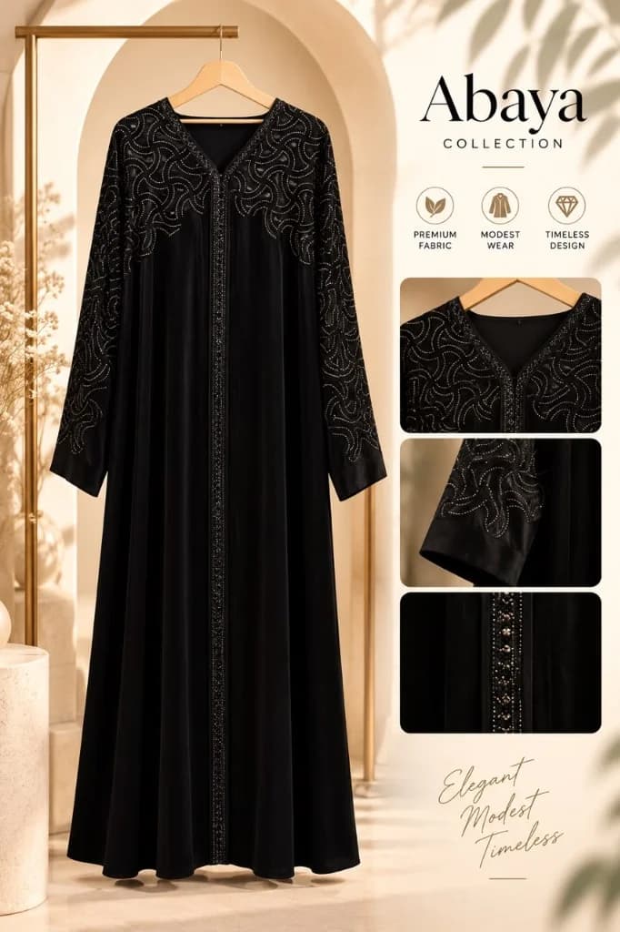 Arabesque Swirl Embellished Black Evening Abaya - View 1