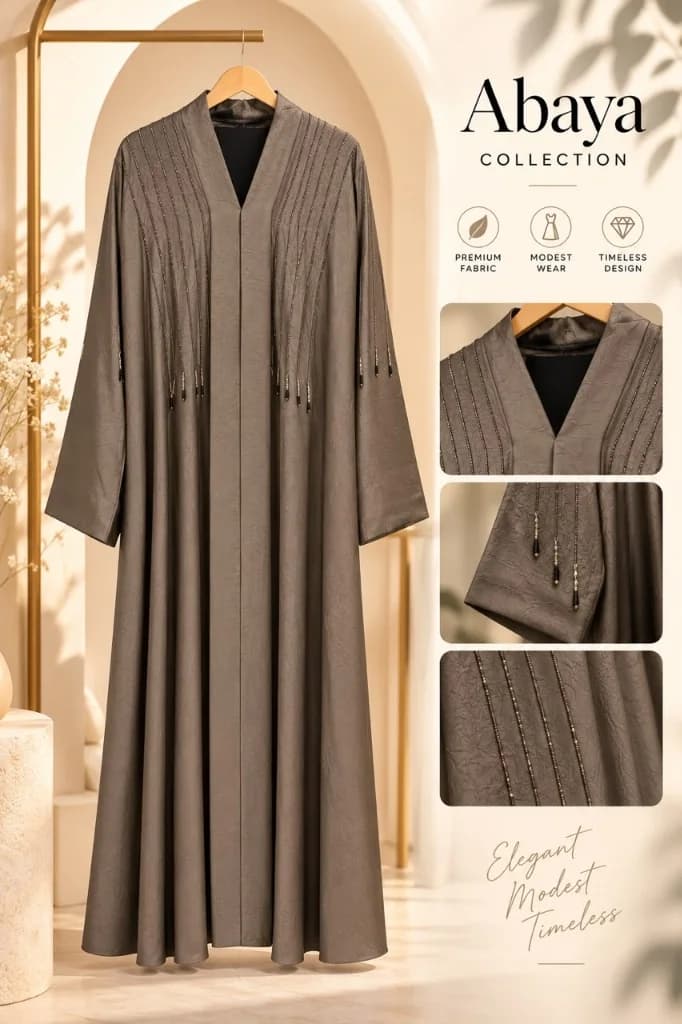 Artisan Beaded Taupe Grey Textured Abaya Front View