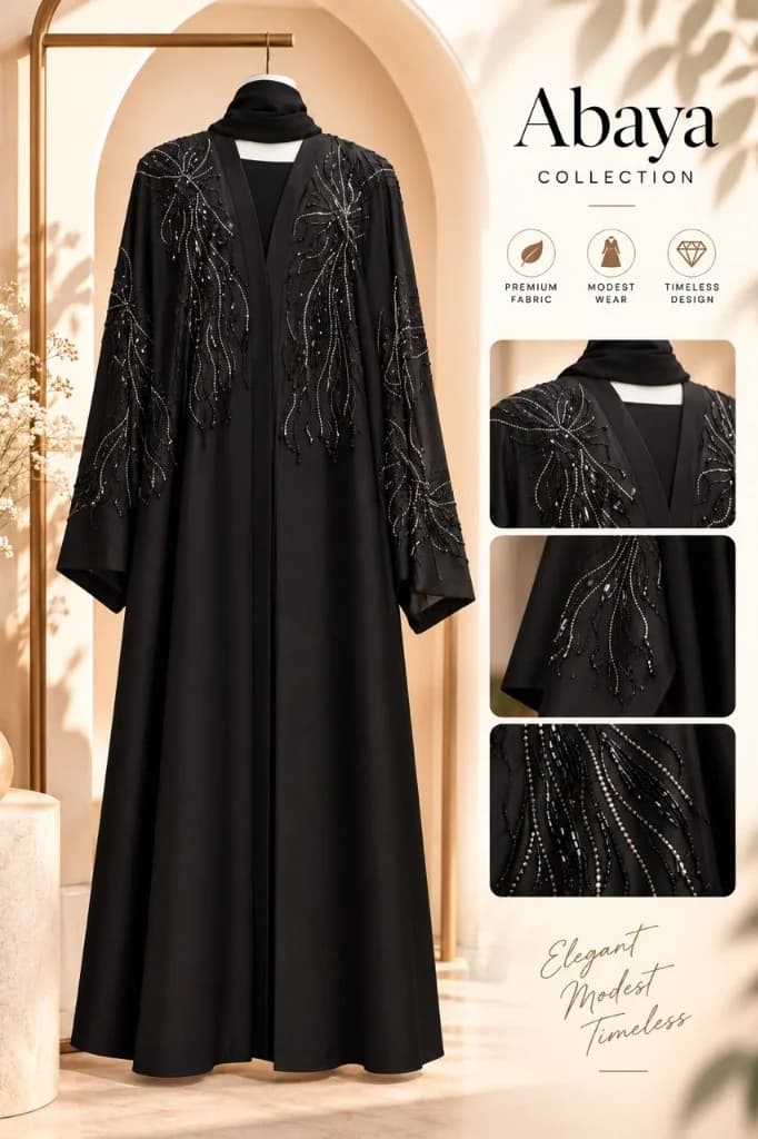 Cascading Crystal Vine Hand-Beaded Black Abaya - View 1