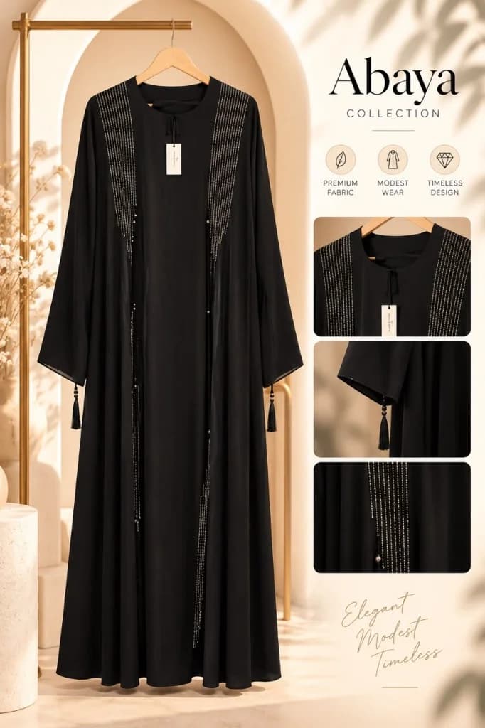 Cascading Linear Beaded Black Abaya with Cuff Tassels - View 1