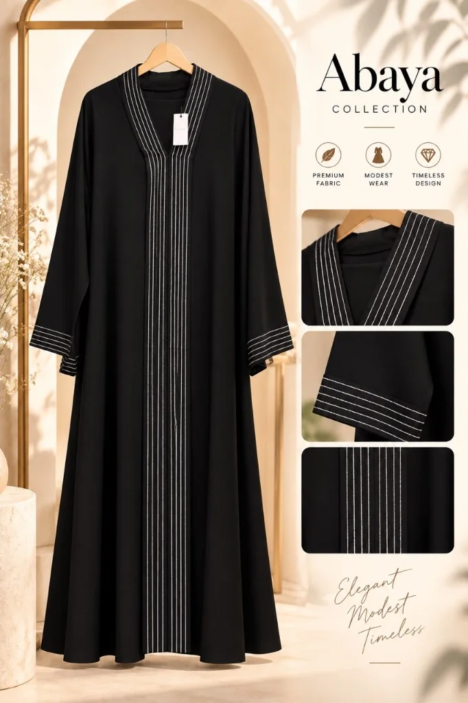 Executive Silver Pinstripe Minimalist Black Abaya Front View