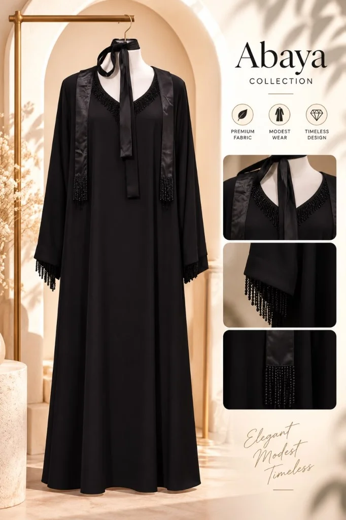 Midnight Black Crystal Fringe V-Neck Abaya Front View