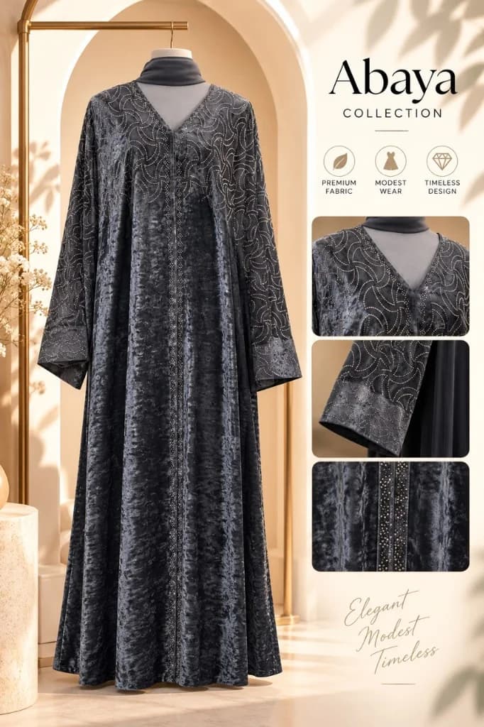 Midnight Charcoal Crushed Velvet Swirl Abaya - View 1