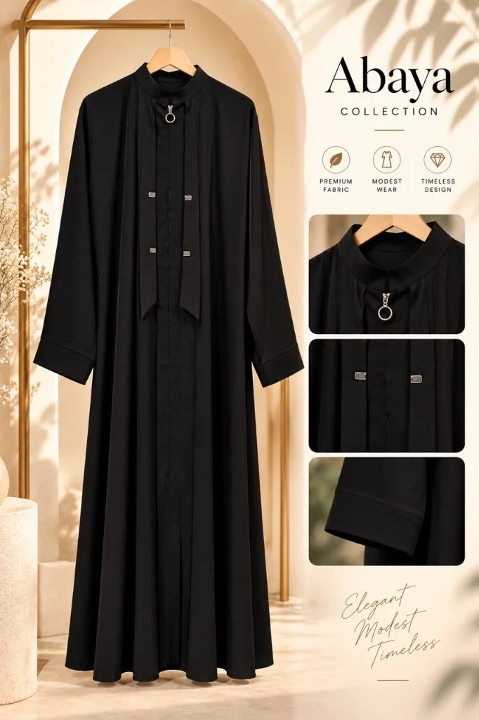 Modern Mandarin Collar Ring-Zip Black Abaya Front View