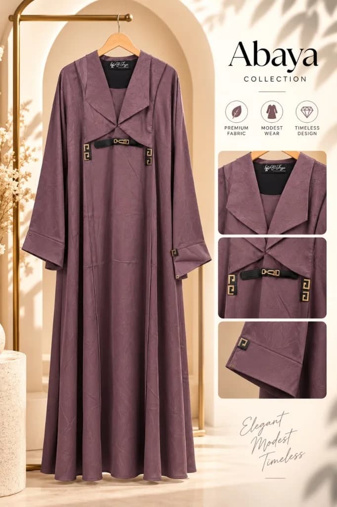 Mulberry Plum Trench Collar Jacquard Abaya with Gold Clasp Front View