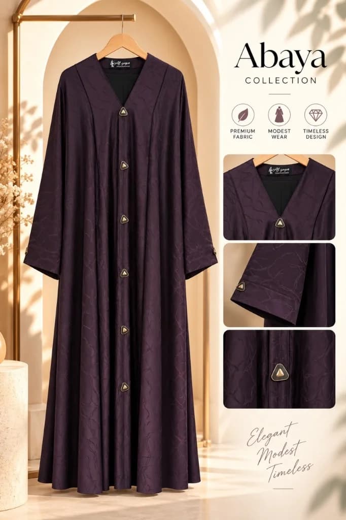 Royal Aubergine Jacquard Abaya with Triangle Gold Buttons Front View