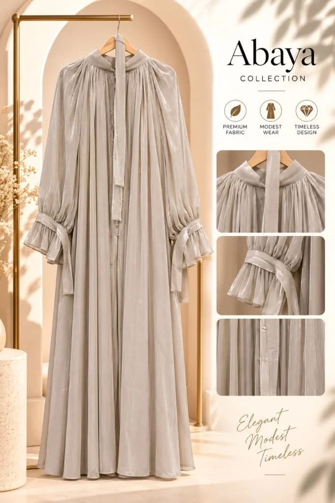 Shimmer Champagne Pearl Pleated Royal Abaya Front View